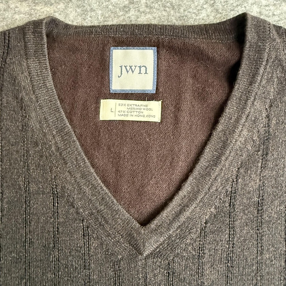 JWN Sweater Mens Large Brown V Neck Merino Wool Cotton Ribbed Knit Pullover - Picture 2 of 6